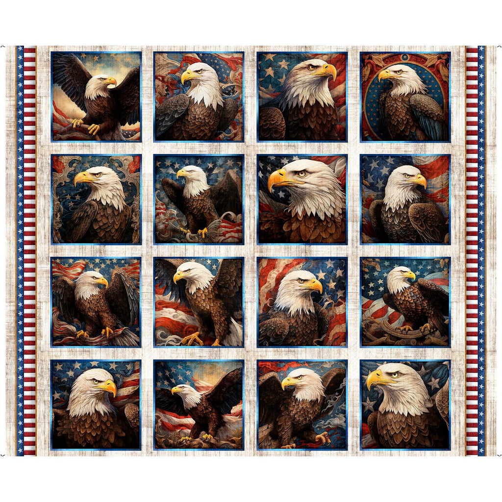 Eagle Picture Patches Panel 31660 Birch E - QT Fabrics - Independence Day Patriotic USA - 1776 - Quilting Cotton Fabric