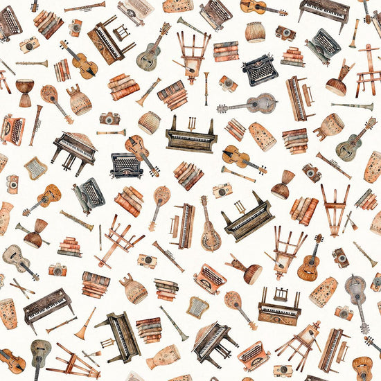 Image of Sugar, Spice, Everything Nice Musical Instruments White quilting cotton fabric by Morris Creative Group for QT Fabrics. Features instruments on a white background. Cute Little Fabric Shop