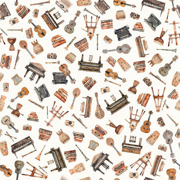 Image of Sugar, Spice, Everything Nice Musical Instruments White quilting cotton fabric by Morris Creative Group for QT Fabrics. Features instruments on a white background. Cute Little Fabric Shop