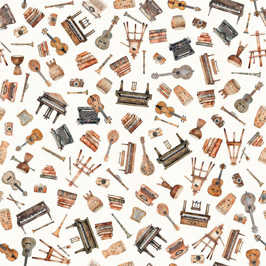 Image of Sugar, Spice, Everything Nice Musical Instruments White quilting cotton fabric by Morris Creative Group for QT Fabrics. Features instruments on a white background. Cute Little Fabric Shop