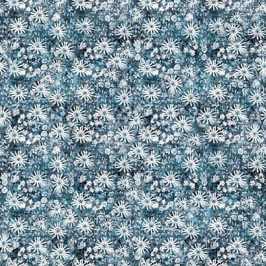 Image of Sugar, Spice, Everything Nice Geo Flowers Denim quilting cotton fabric by Morris Creative Group for QT Fabrics. Features flowers on a blue background. Cute Little Fabric Shop