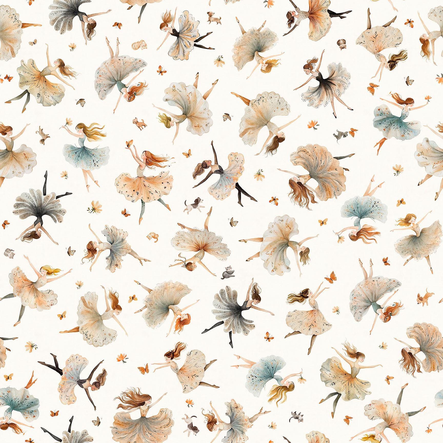 Image of Sugar, Spice, Everything Nice Dancers White quilting cotton fabric by Morris Creative Group for QT Fabrics. Features dancers on a white background. Cute Little Fabric Shop