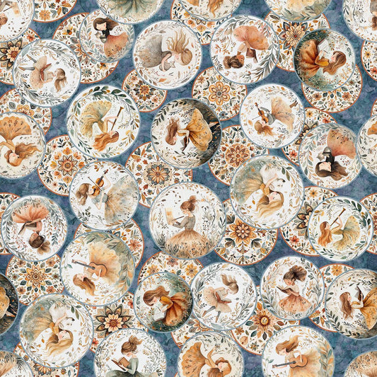 Image of Sugar, Spice, Everything Nice Girl Vignettes Denim quilting cotton fabric by Morris Creative Group for QT Fabrics. Features medallions on a blue background. Cute Little Fabric Shop