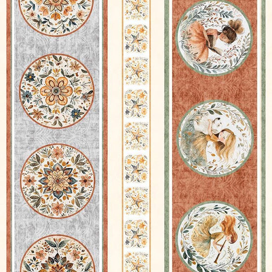 Image of Sugar, Spice, Everything Nice Border Stripe Multi quilting cotton fabric by Morris Creative Group for QT Fabrics. Features circles on a cream background. Cute Little Fabric Shop