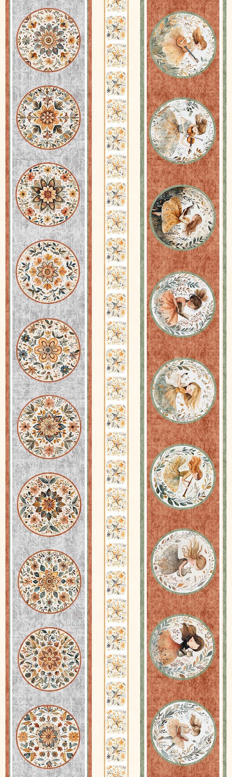 Image of Sugar, Spice, Everything Nice Border Stripe Multi quilting cotton fabric by Morris Creative Group for QT Fabrics. Features circles on a cream background. Cute Little Fabric Shop