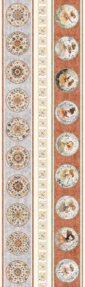 Image of Sugar, Spice, Everything Nice Border Stripe Multi quilting cotton fabric by Morris Creative Group for QT Fabrics. Features circles on a cream background. Cute Little Fabric Shop