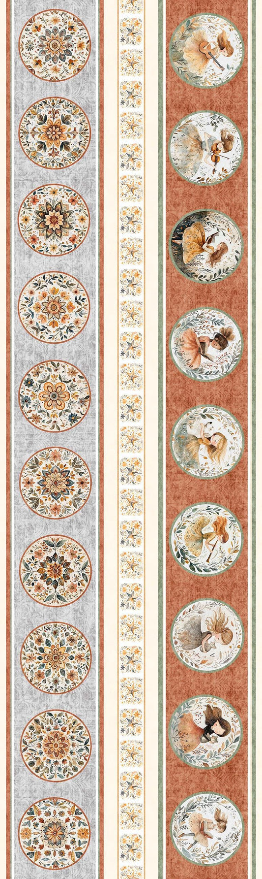 Image of Sugar, Spice, Everything Nice Border Stripe Multi quilting cotton fabric by Morris Creative Group for QT Fabrics. Features circles on a cream background. Cute Little Fabric Shop