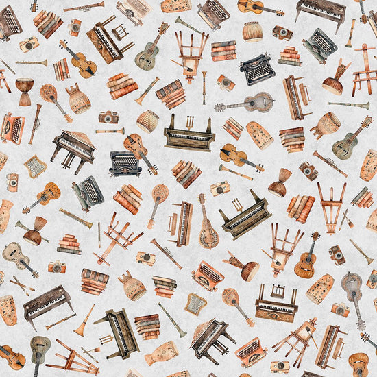 Image of Sugar, Spice, Everything Nice Musical Instruments Gray quilting cotton fabric by Morris Creative Group for QT Fabrics. Features instruments on a gray background. Cute Little Fabric Shop