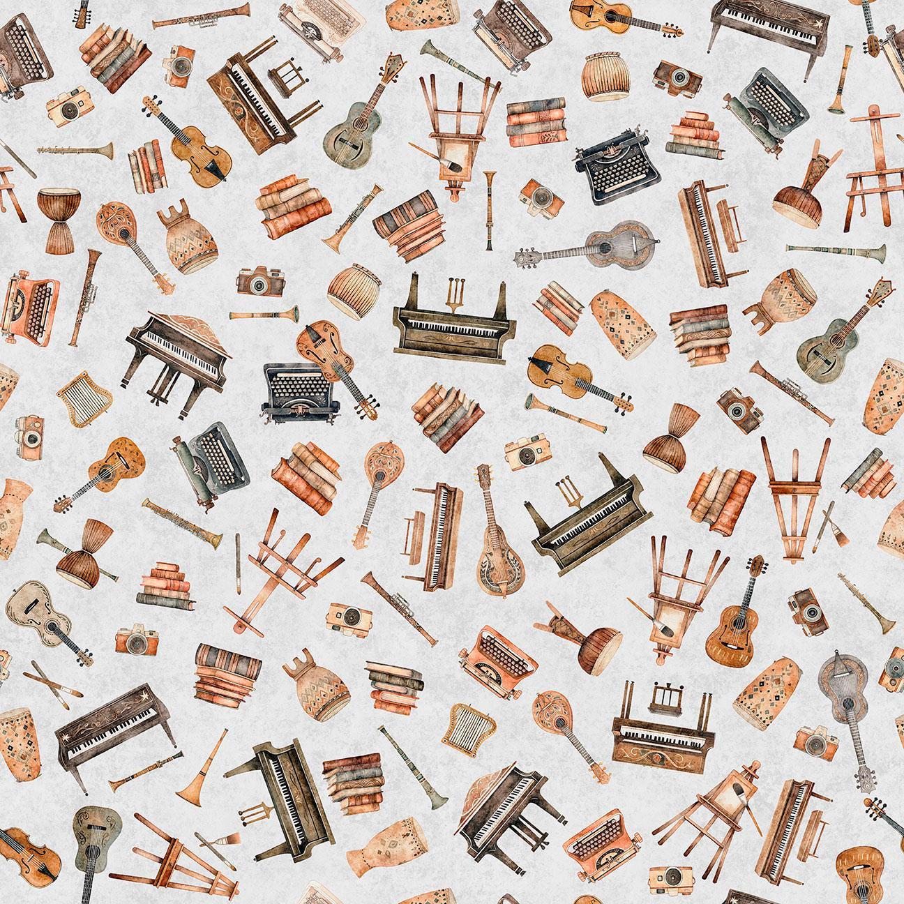 Image of Sugar, Spice, Everything Nice Musical Instruments Gray quilting cotton fabric by Morris Creative Group for QT Fabrics. Features instruments on a gray background. Cute Little Fabric Shop