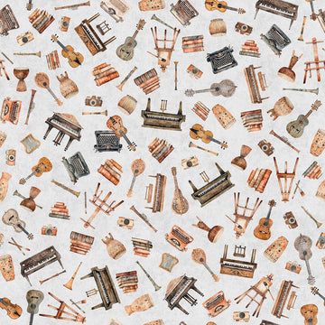 Image of Sugar, Spice, Everything Nice Musical Instruments Gray quilting cotton fabric by Morris Creative Group for QT Fabrics. Features instruments on a gray background. Cute Little Fabric Shop