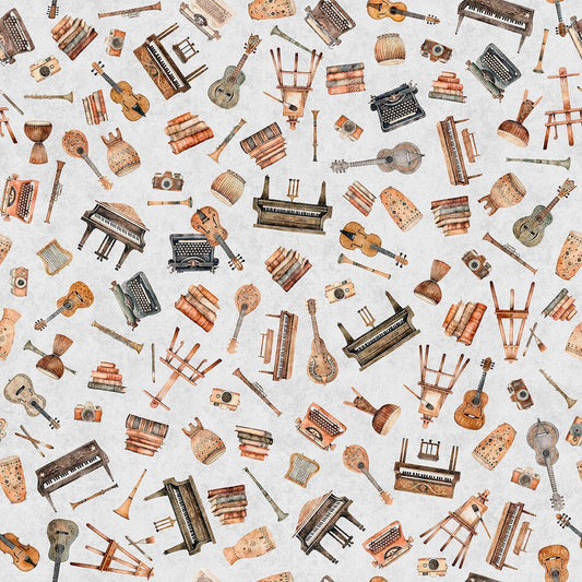 Image of Sugar, Spice, Everything Nice Musical Instruments Gray quilting cotton fabric by Morris Creative Group for QT Fabrics. Features instruments on a gray background. Cute Little Fabric Shop