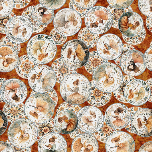 Image of Sugar, Spice, Everything Nice Girl Vignettes Paprika quilting cotton fabric by Morris Creative Group for QT Fabrics. Features medallions on an orange background. Cute Little Fabric Shop