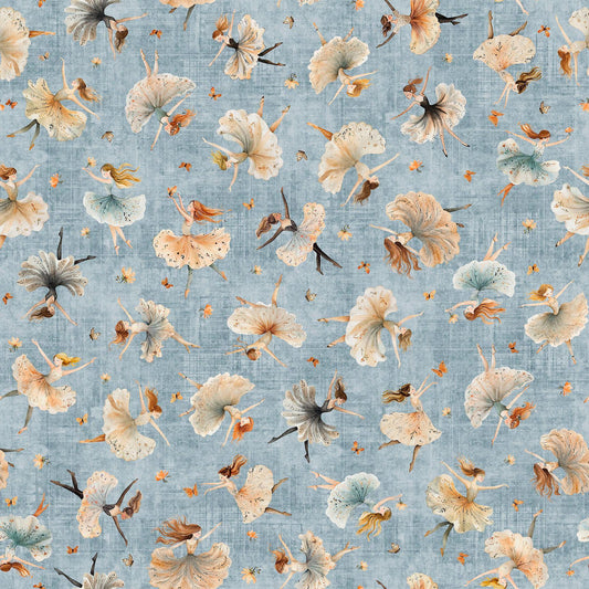 Image of Sugar, Spice, Everything Nice Dancers Dusty Blue quilting cotton fabric by Morris Creative Group for QT Fabrics. Features dancers on a blue background. Cute Little Fabric Shop