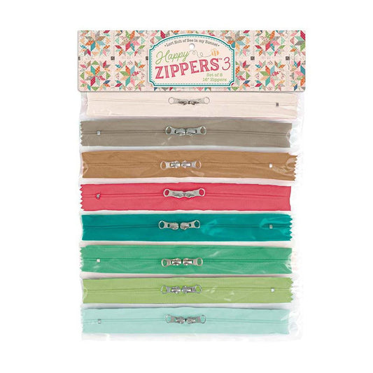Lori Holt Happy Zippers 3 ST-46804 - Riley Blake Designs - Package of 8 Assorted Colors - 1" x 16" Size - 2 Zippers Per Strip