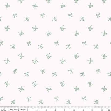 Image of Sweet Cotton Tales Twirls & Ties Cream quilting cotton fabric by Cayla Naylor for Riley Blake Designs. Features bows on a white background. Cute Little Fabric Shop