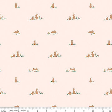 Image of Sweet Cotton Tales Flopsy Fields Blush quilting cotton fabric by Cayla Naylor for Riley Blake Designs. Features rabbits on a cream background. Cute Little Fabric Shop
