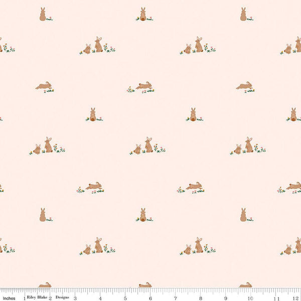 Image of Sweet Cotton Tales Flopsy Fields Blush quilting cotton fabric by Cayla Naylor for Riley Blake Designs. Features rabbits on a cream background. Cute Little Fabric Shop