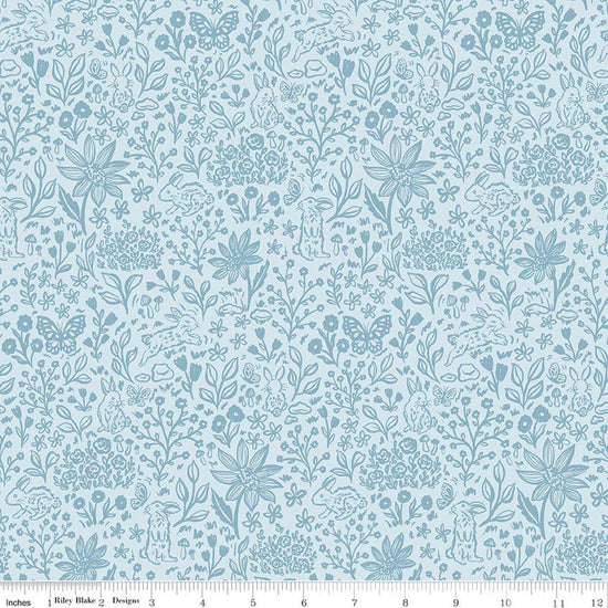 Image of Sweet Cotton Tales Bunny Meadows Powder quilting cotton fabric by Cayla Naylor for Riley Blake Designs. Features plants on a blue background. Cute Little Fabric Shop