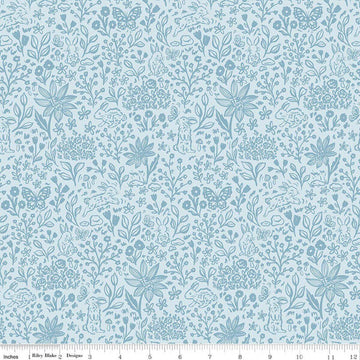 Image of Sweet Cotton Tales Bunny Meadows Powder quilting cotton fabric by Cayla Naylor for Riley Blake Designs. Features plants on a blue background. Cute Little Fabric Shop