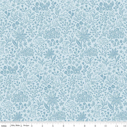Image of Sweet Cotton Tales Bunny Meadows Powder quilting cotton fabric by Cayla Naylor for Riley Blake Designs. Features plants on a blue background. Cute Little Fabric Shop