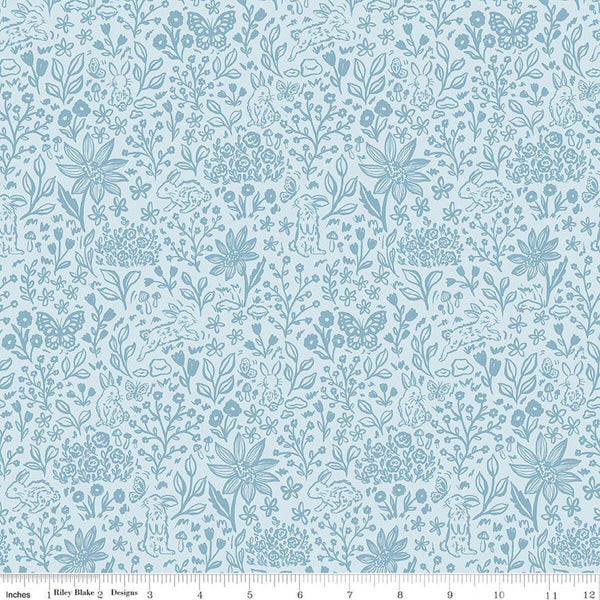 Image of Sweet Cotton Tales Bunny Meadows Powder quilting cotton fabric by Cayla Naylor for Riley Blake Designs. Features plants on a blue background. Cute Little Fabric Shop