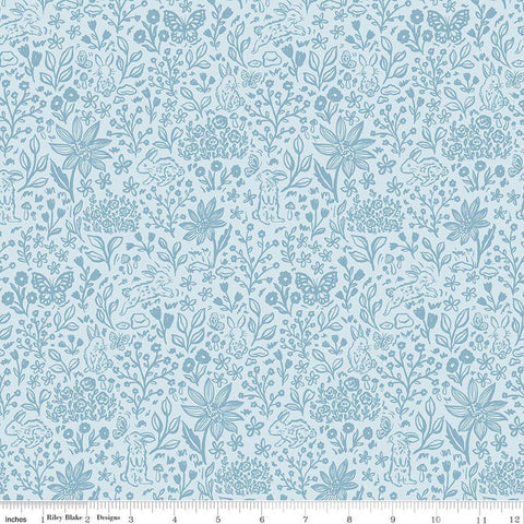 Image of Sweet Cotton Tales Bunny Meadows Powder quilting cotton fabric by Cayla Naylor for Riley Blake Designs. Features plants on a blue background. Cute Little Fabric Shop