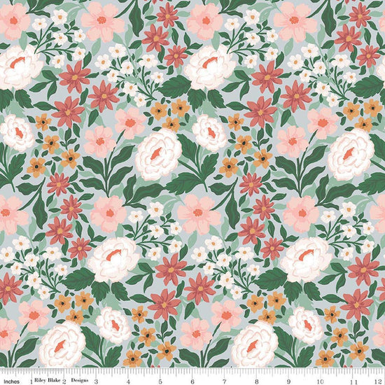 Image of Sweet Cotton Tales Main Powder quilting cotton fabric by Cayla Naylor for Riley Blake Designs. Features flowers on a blue background. Cute Little Fabric Shop