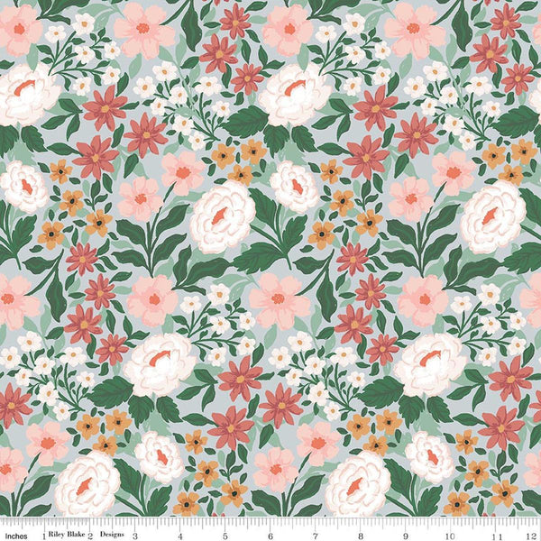 Image of Sweet Cotton Tales Main Powder quilting cotton fabric by Cayla Naylor for Riley Blake Designs. Features flowers on a blue background. Cute Little Fabric Shop