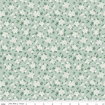 Image of Sweet Cotton Tales Blooming Bliss Sage quilting cotton fabric by Cayla Naylor for Riley Blake Designs. Features flowers on a green background. Cute Little Fabric Shop