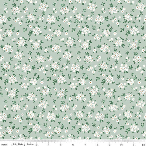 Image of Sweet Cotton Tales Blooming Bliss Sage quilting cotton fabric by Cayla Naylor for Riley Blake Designs. Features flowers on a green background. Cute Little Fabric Shop