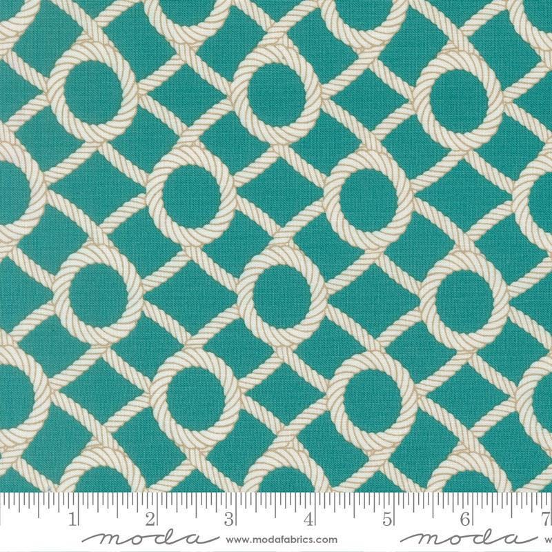 Image of Reef Rope Net Horizon quilting cotton fabric by Kate Spain for Moda Fabrics. Features ropes on a green background. Cute Little Fabric Shop