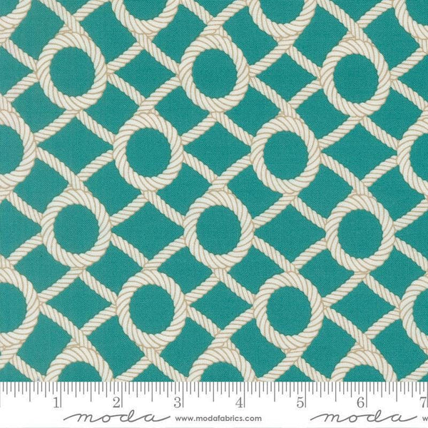 Image of Reef Rope Net Horizon quilting cotton fabric by Kate Spain for Moda Fabrics. Features ropes on a green background. Cute Little Fabric Shop