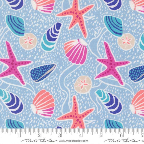 Image of Reef Sea Shells Marlin quilting cotton fabric by Kate Spain for Moda Fabrics. Features shells on a blue background. Cute Little Fabric Shop