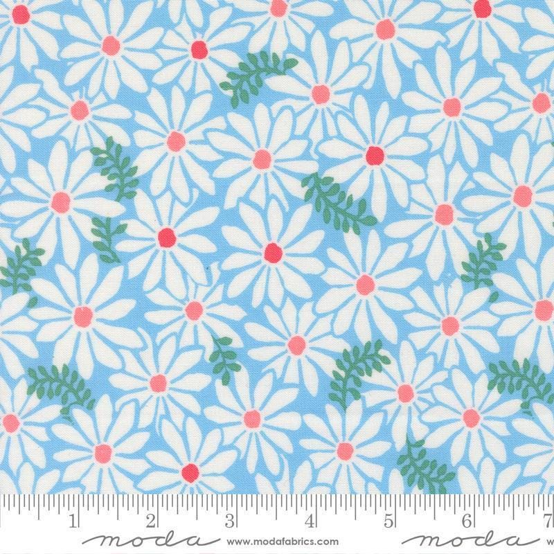 Image of Reef Bloom Sky quilting cotton fabric by Kate Spain for Moda Fabrics. Features flowers on a blue background. Cute Little Fabric Shop