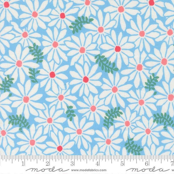 Image of Reef Bloom Sky quilting cotton fabric by Kate Spain for Moda Fabrics. Features flowers on a blue background. Cute Little Fabric Shop