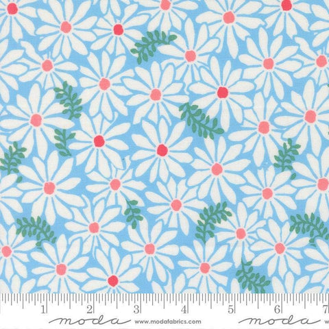 Image of Reef Bloom Sky quilting cotton fabric by Kate Spain for Moda Fabrics. Features flowers on a blue background. Cute Little Fabric Shop