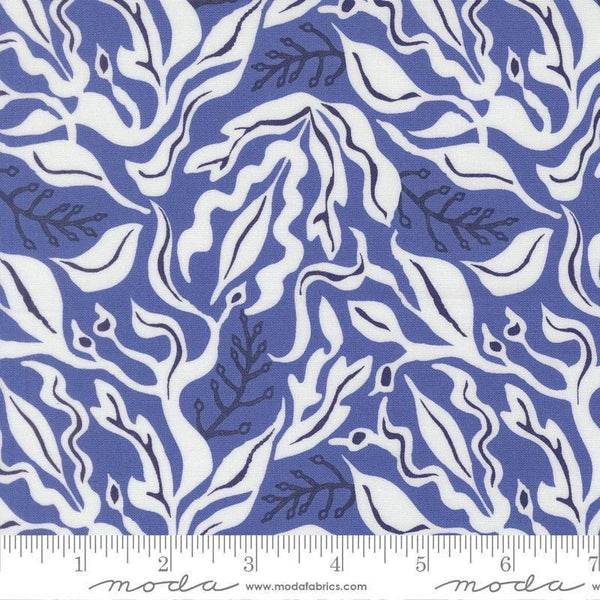 Image of Reef Under the Sea Blue Whale quilting cotton fabric by Kate Spain for Moda Fabrics. Features seaweed on a blue background. Cute Little Fabric Shop
