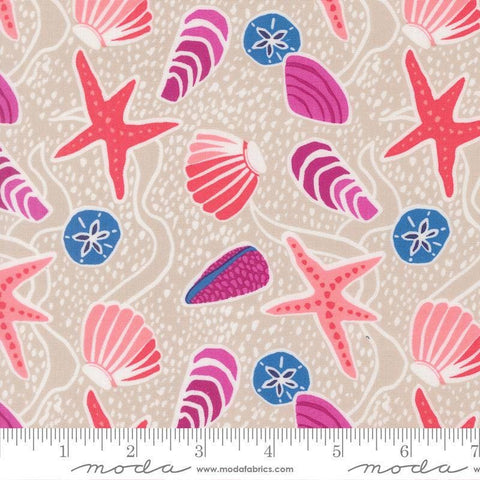 Image of Reef Sea Shells Sand quilting cotton fabric by Kate Spain for Moda Fabrics. Features shells on a beige background. Cute Little Fabric Shop
