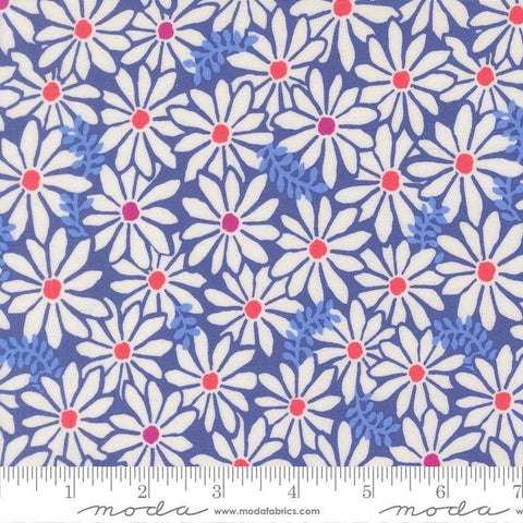 Image of Reef Bloom Blue Whale quilting cotton fabric by Kate Spain for Moda Fabrics. Features flowers on a blue background. Cute Little Fabric Shop