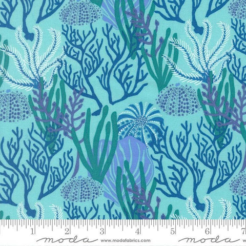Image of Reef Coral Reef Algae quilting cotton fabric by Kate Spain for Moda Fabrics. Features coral on a blue background. Cute Little Fabric Shop