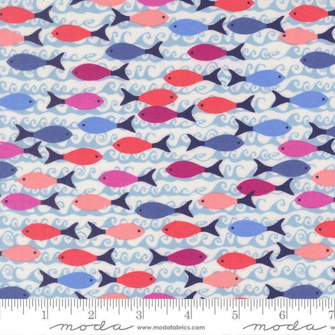Image of Reef School of Fish Marlin quilting cotton fabric by Kate Spain for Moda Fabrics. Features fish on a blue background. Cute Little Fabric Shop