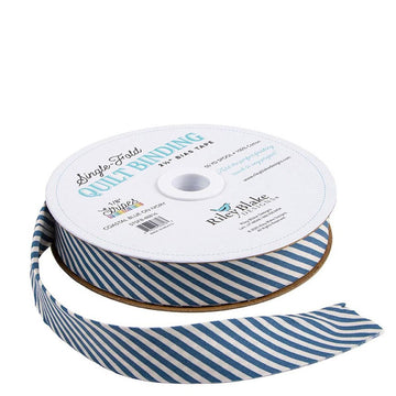SALE Single-Fold Quilt Binding 1/8" Stripe STSFB-48813 Ivory on Costal Blue - Riley Blake Designs - 2 1/2" Bias Binding - by the yard