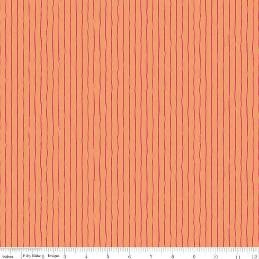 Image of Virginia Rose Wavy Stripe Orange quilting cotton by Katherine Lenius for Riley Blake Designs. Features stripes on an orange background. Cute Little Fabric Shop