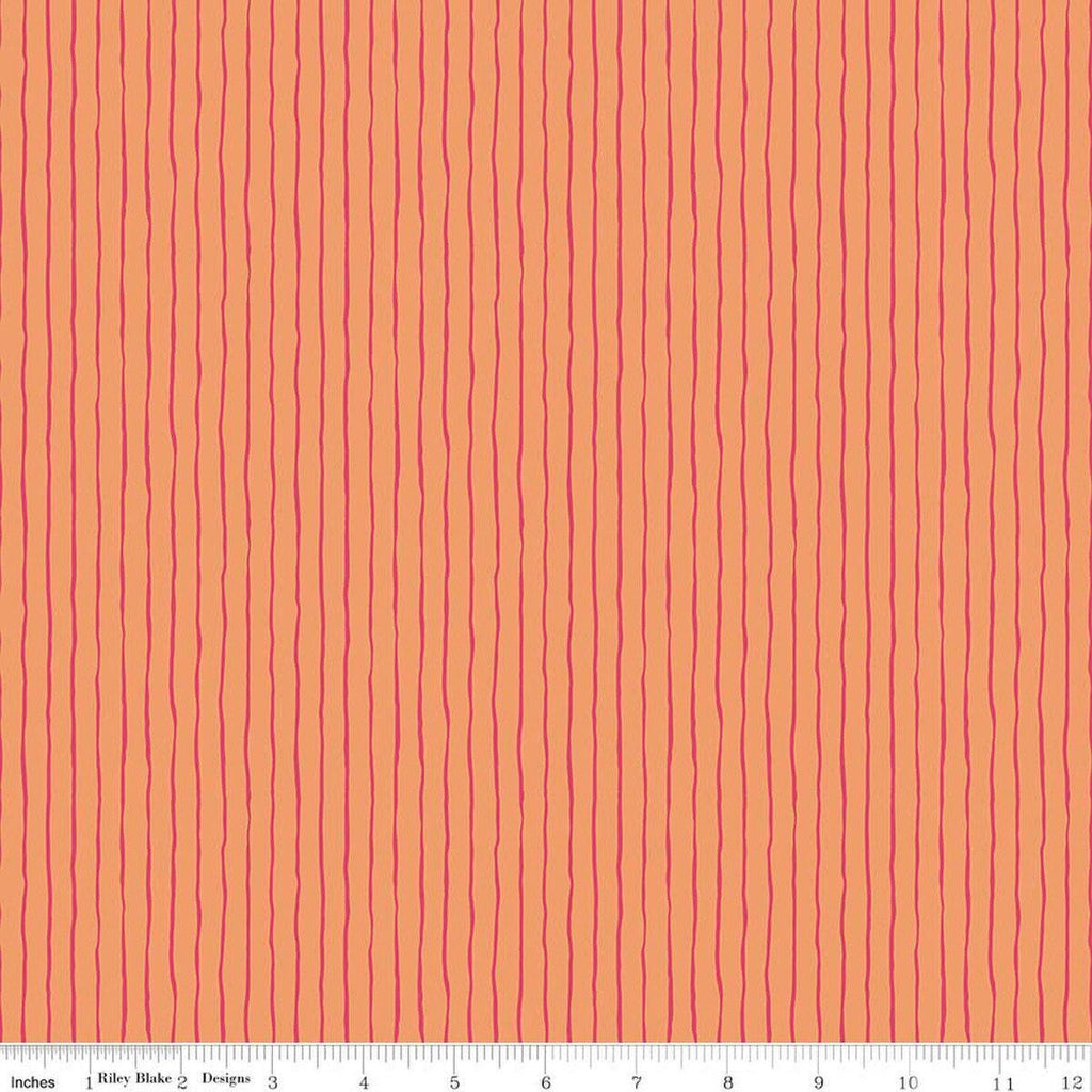 Image of Virginia Rose Wavy Stripe Orange quilting cotton by Katherine Lenius for Riley Blake Designs. Features stripes on an orange background. Cute Little Fabric Shop