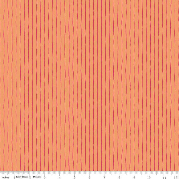 Image of Virginia Rose Wavy Stripe Orange quilting cotton by Katherine Lenius for Riley Blake Designs. Features stripes on an orange background. Cute Little Fabric Shop