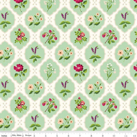 Image of Virginia Rose Wallflower Mint quilting cotton by Katherine Lenius for Riley Blake Designs. Features flowers on a green background. Cute Little Fabric Shop