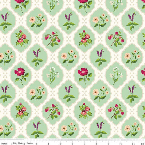 Image of Virginia Rose Wallflower Mint quilting cotton by Katherine Lenius for Riley Blake Designs. Features flowers on a green background. Cute Little Fabric Shop