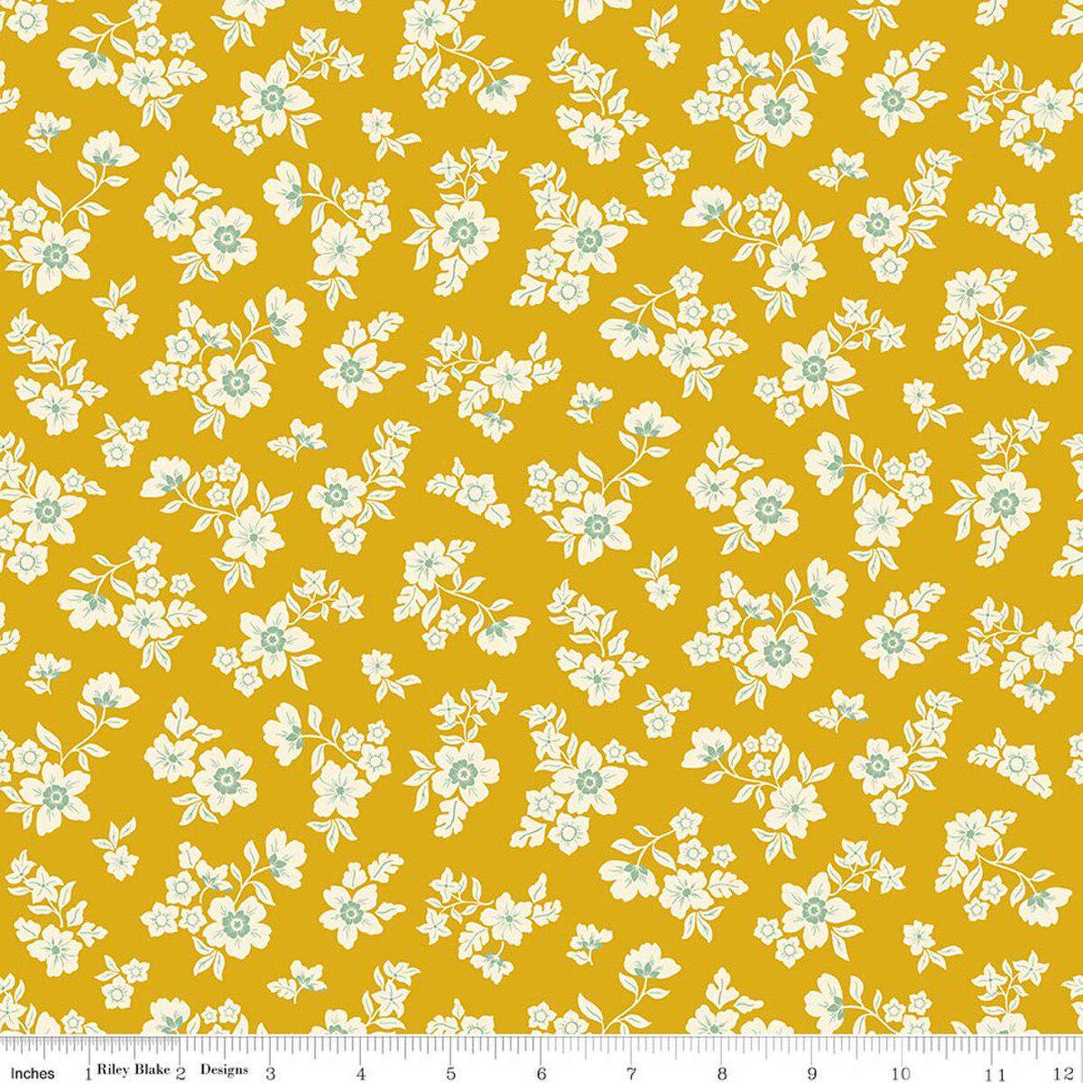 Image of Virginia Rose Primrose Yellow quilting cotton by Katherine Lenius for Riley Blake Designs. Features flowers on a yellow background. Cute Little Fabric Shop