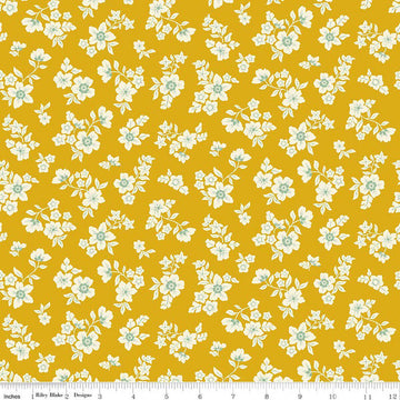 Image of Virginia Rose Primrose Yellow quilting cotton by Katherine Lenius for Riley Blake Designs. Features flowers on a yellow background. Cute Little Fabric Shop