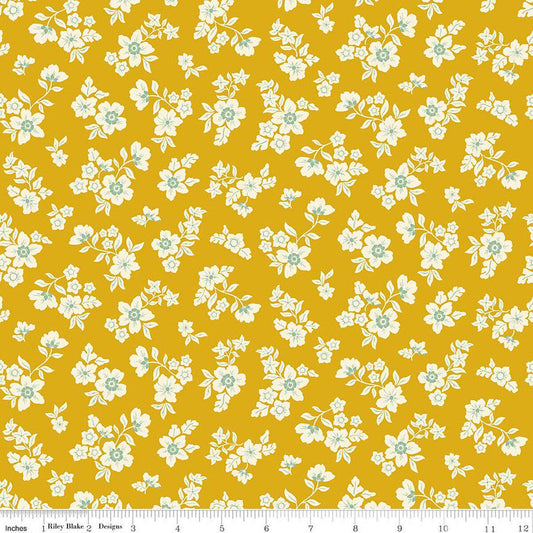 Image of Virginia Rose Primrose Yellow quilting cotton by Katherine Lenius for Riley Blake Designs. Features flowers on a yellow background. Cute Little Fabric Shop